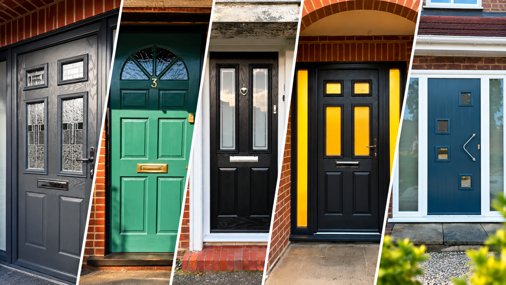 Black composite front door with yellow glass fitted by New Look Doors